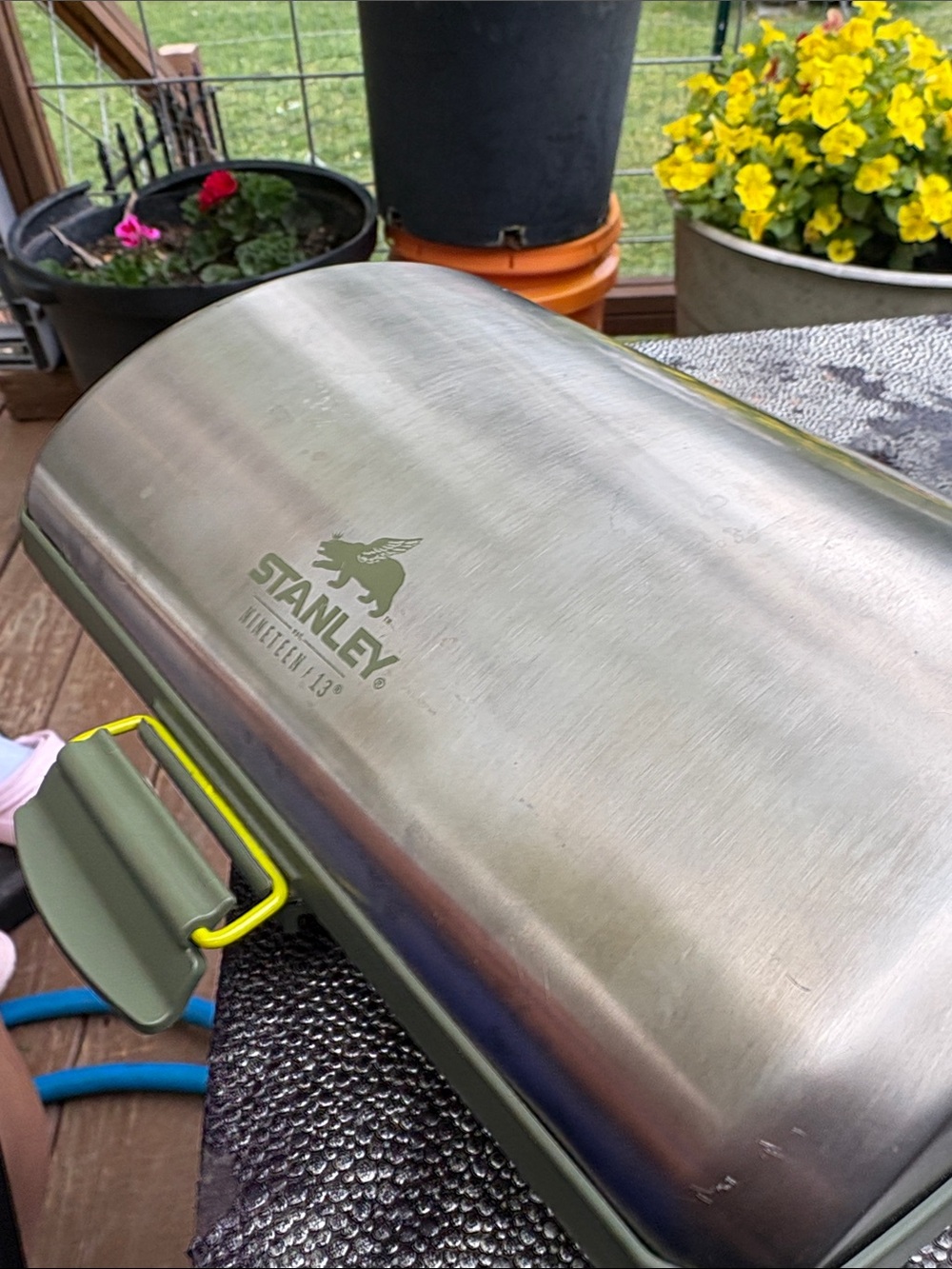 Stanley Stainless Steel Bread Box with Olive Green Base and Yellow Accent